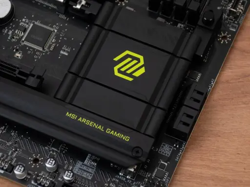 Płyta główna MSI z logo "MSI ARSENAL GAMING". Widoczny radiator z zielonym symbolem, a pod nim znajduje się chipset.