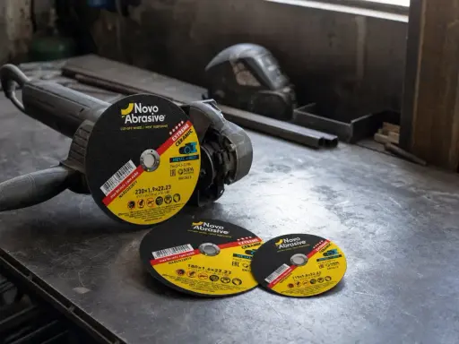 Amoladora con discos de corte de distintos tipos y tamaños, listos para trabajos de metalurgia.