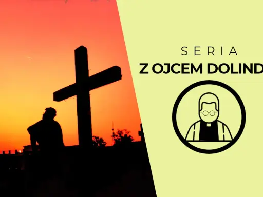 Zachód słońca za krzyżem, obok symbol księdza. Seria z Ojcem Dolindo.
