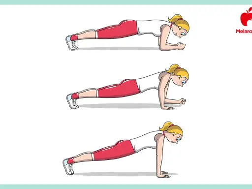 Illustrazione di una donna che esegue diversi tipi di plank: sul gomito, con mani a terra e in posizione alta.
