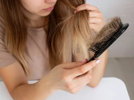 Donna preoccupata guarda i capelli persi sul pettine, chiedendosi perché perdo capelli.
