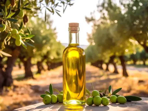 Aceite de oliva virgen extra en una botella, rodeado de aceitunas frescas y un olivar al atardecer. Pregúntate: ¿cuánto aceite da un olivo?