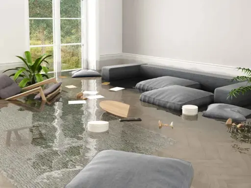 Un salon inondé, un fauteuil renversé, des coussins flottants. Que faire en cas de dégât des eaux ?