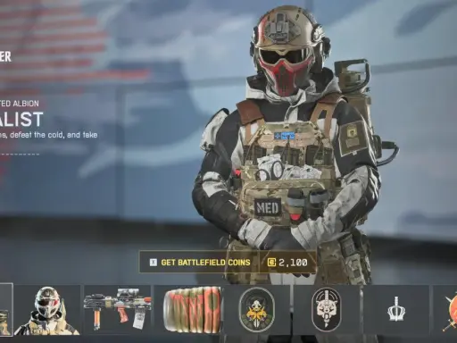 Postać w zimowym kamuflażu z maską, gotowa do walki w grach podobnych do Battlefield.