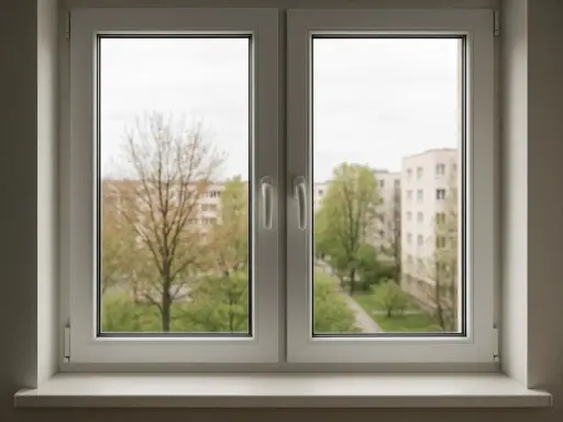 Ventana doble de PVC con vista a edificios y árboles. Cumple la normativa de ventanas para viviendas, ofreciendo aislamiento y seguridad.