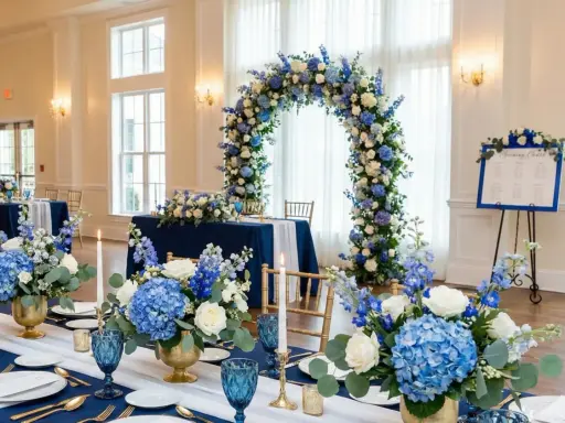 Elegancka sala weselna z niebieskim jako kolorem przewodnim. Dekoracje z niebieskich i białych kwiatów, złote wazony i świece tworzą romantyczną atmosferę.