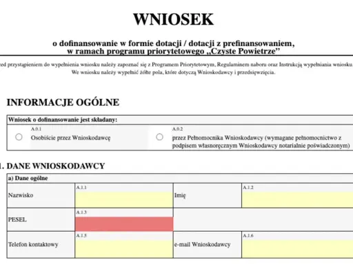 Wniosek o dofinansowanie „Czyste Powietrze” zawiera pola na dane wnioskodawcy, takie jak nazwisko, PESEL i dane kontaktowe. Wzór wniosku o wczasy pod gruszą nie jest widoczny.