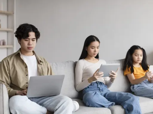 Trois personnes sur un canapé : un jeune homme sur un ordinateur portable, une femme sur une tablette, et une jeune fille sur un smartphone. Le temps d'écran recommandé pour 13 ans est dépassé pour certains.
