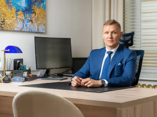 Mężczyzna w niebieskim garniturze siedzi przy biurku w nowoczesnym biurze.