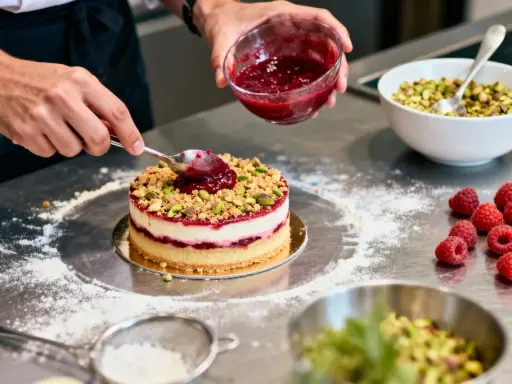 Un chef ajoute une touche finale à un gâteau, déposant une compotée pour créer un insert croustillant framboise.