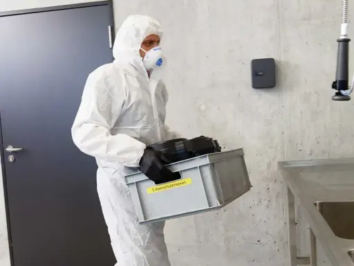 Hombre con traje blanco y mascarilla, lleva caja con equipo de protección obligatoria de vías respiratorias.