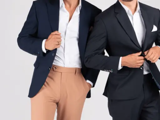 Two men in navy blazers and white shirts. One wears tan pants, the other dark pants. Is semi formal and cocktail attire the same?
