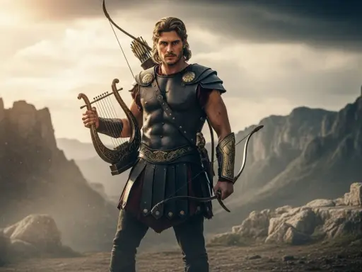 Apollon mit Lyra und Bogen in felsiger Landschaft.