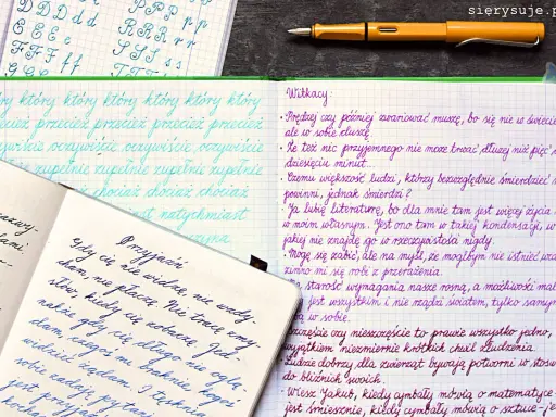 Pismo piórem na kratkowanym papierze. Litery, słowa i zdania pisane ręcznie, niektóre w kolorze niebieskim, inne fioletowym.