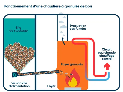 Schéma du fonctionnement d'une chaudière à granulés : silo, vis d'alimentation, foyer, évacuation fumées et circuit de chauffage. Avis sur chaudière à granulés.