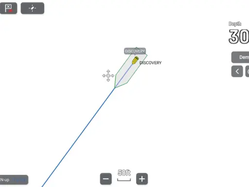 Écran de navigation affichant un bateau "DISCOVERY" avec sa route. La profondeur est de 30.7 pieds. L'AIS transmission auto est activée.