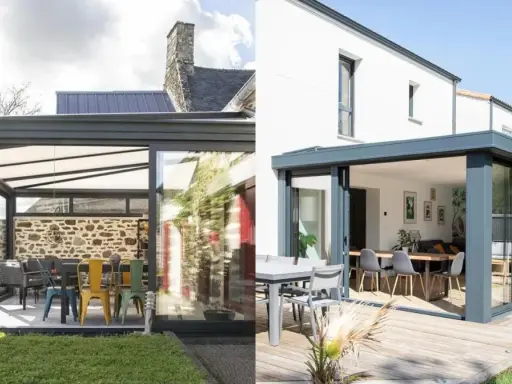 Deux styles de véranda : une avec mur en pierre et mobilier coloré, l'autre moderne avec terrasse en bois et salle à manger. Une veranda loi carrez pour chaque projet.