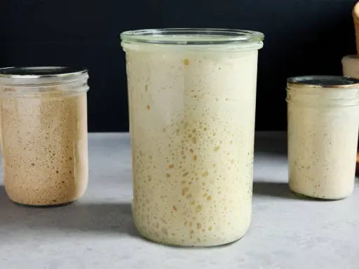 Trois bocaux de levain actif, montrant la proportion levain farine eau. Le levain est plein de bulles, signe de fermentation.