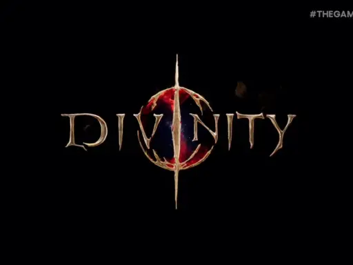 Złoty napis "DIVINITY" z centralnym, krwistoczerwonym symbolem, zapowiadający Divinity 3.
