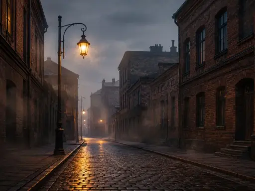 Mroczna, brukowana ulica w starym mieście, gdzie latarnie rzucają złote światło na mokry bruk. Mgła unosi się między ceglanymi kamienicami, tworząc atmosferę jakby miasto w ogniu, choć płomieni nie widać.