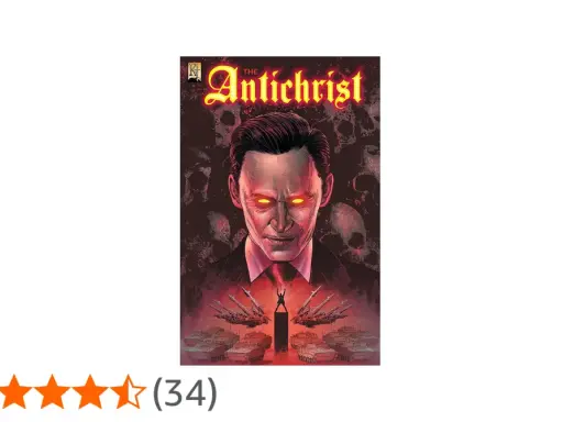 Comic-Cover: Ein Mann mit glühenden Augen, umgeben von Totenköpfen und Panzern. Die Bedeutung des Antichristen wird hier düster dargestellt.