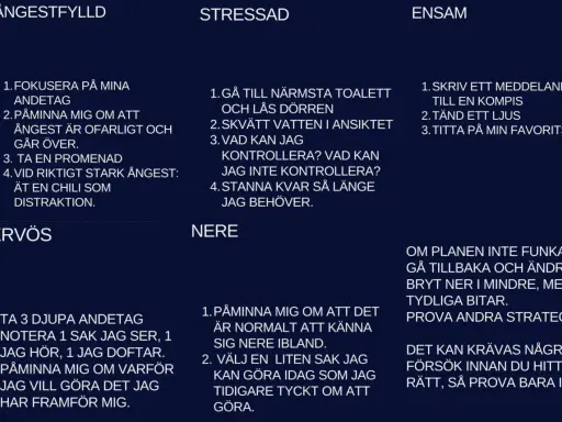 Textlistor med strategier för ångest, stress, ensamhet och nervositet. En strategi för stark ilska är att äta en chili som distraktion.