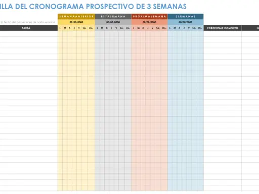 Plantilla para un cronograma obra de 3 semanas, con columnas para tareas, días de la semana y notas.