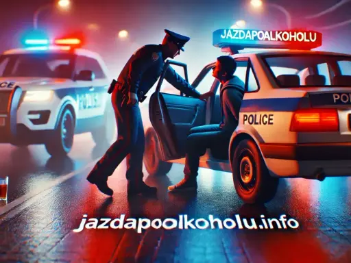 Policjant zatrzymuje kierowcę. Na dachu radiowozu napis "JAZDA PO ALKOHOLU". To przypomnienie o **limicie alkoholu w Polsce**.