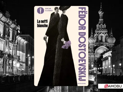Copertina di "Le notti bianche" di Dostoevskij, con figure eleganti e architettura notturna.