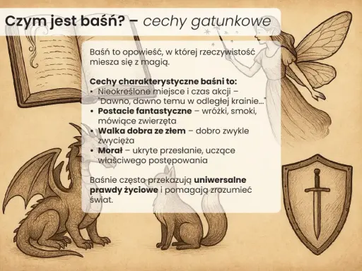 Smok, wróżka i lis ilustrują cechy baśni: magię, fantastyczne postacie i walkę dobra ze złem.