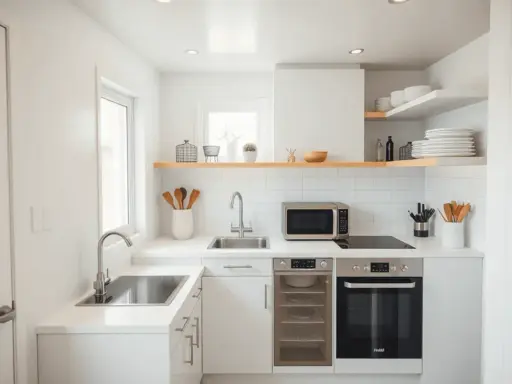 Aménagement petite cuisine 2m2 : évier, plaque induction, four, micro-ondes et rangements optimisés dans un espace minimaliste et lumineux.
