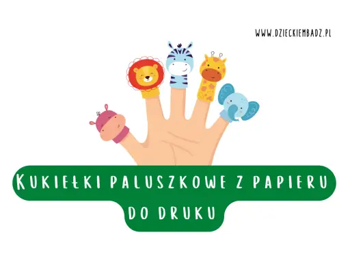 Zabawne kukiełki paluszkowe z papieru do druku: lew, zebra, żyrafa, słoń i hipopotam na dłoni.