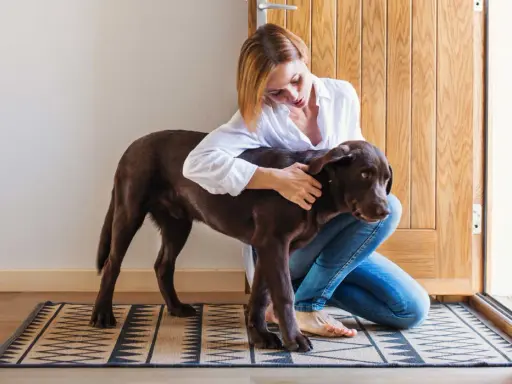 Une femme accroupie enlace tendrement son chien brun. Leur **relation fusionnelle avec son chien** est palpable dans ce moment de complicité.