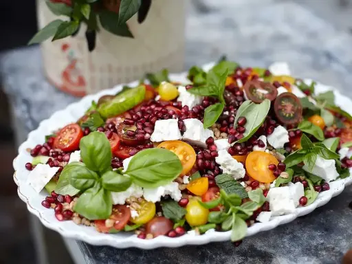 En färgglad sallad med granatäpple, tomater, fetaost och basilika, perfekt som sallad till grillat.