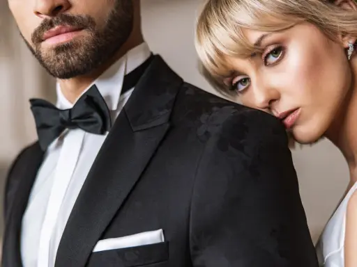 Elegancki mężczyzna w czarnym smokingu z muchą i białą koszulą. Obok niego opiera się kobieta w białej sukni. Idealny przykład, jaka koszula do muchy.