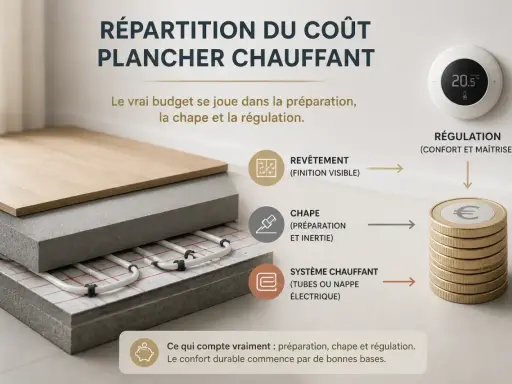 Coupe d'un plancher chauffant montrant la chape, essentielle pour l'inertie et la préparation. Le coût se joue ici.