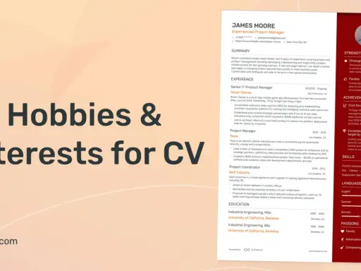 Grafika z tekstem "Hobbies & Interests for CV" na jasnym tle.