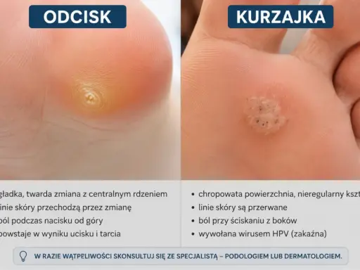 Porównanie kurzajki i odcisku na stopie. Kurzajka jest chropowata i wywołana wirusem HPV, a odcisk gładki i powstaje od ucisku.
