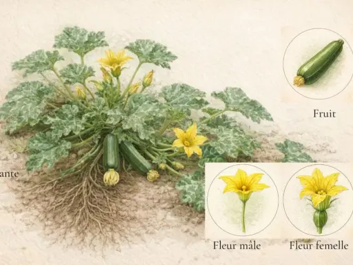 Plante de courgette avec ses fruits, ses racines et ses fleurs mâles et femelles. La fleur de courgette est jaune vif.