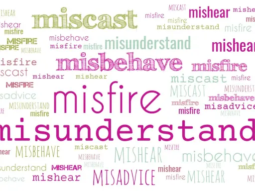 Prefix "co to" - słowa takie jak miscast, misfire, mishear, misbehave, misadvise, misundertand tworzą chmurę słów.