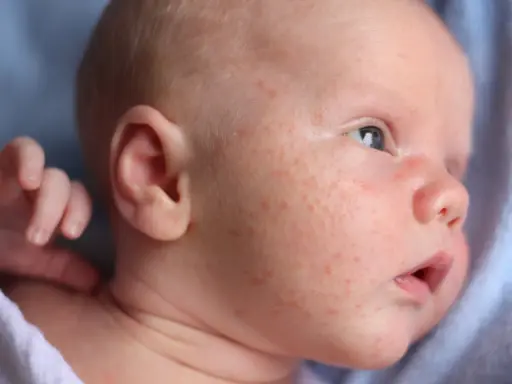 Nahaufnahme eines Babys mit roten Pickelchen im Gesicht. Die Frage "Babyakne wie lange" beschäftigt viele Eltern.