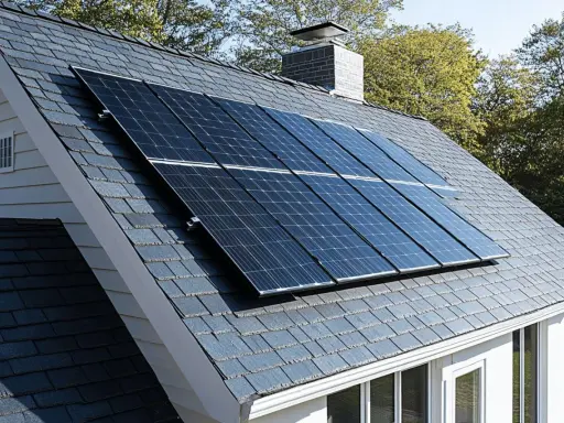 Panneaux solaires sur un toit en ardoise, captant l'énergie du soleil pour un chauffage écologique.
