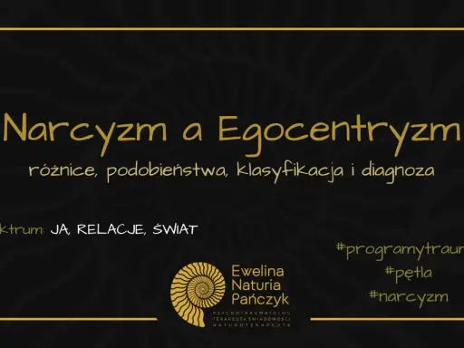 Grafika o tytule "Narcyzm a Egocentryzm" omawia różnice, podobieństwa, klasyfikację i diagnozę. Spektrum: JA, RELACJE, ŚWIAT. #narcyzm.