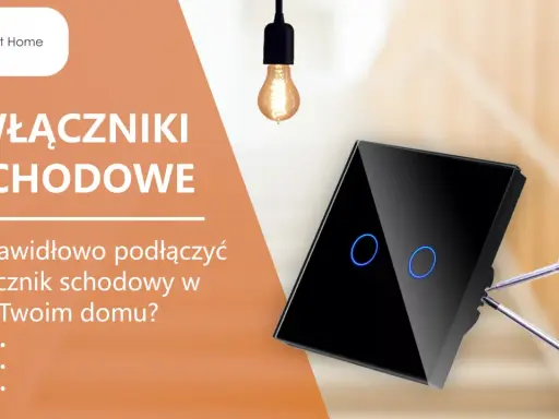 Schemat podłączenia wyłącznika schodowego. Nowoczesny, czarny włącznik z niebieskim podświetleniem i narzędzia do montażu.