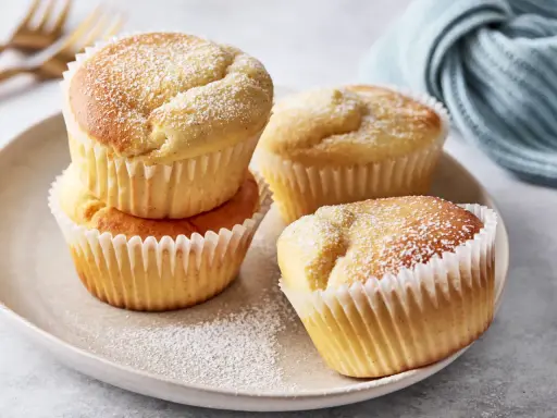 Saftige Quark Muffins, mit Puderzucker bestäubt, auf einem Teller arrangiert. Ein köstlicher Genuss!
