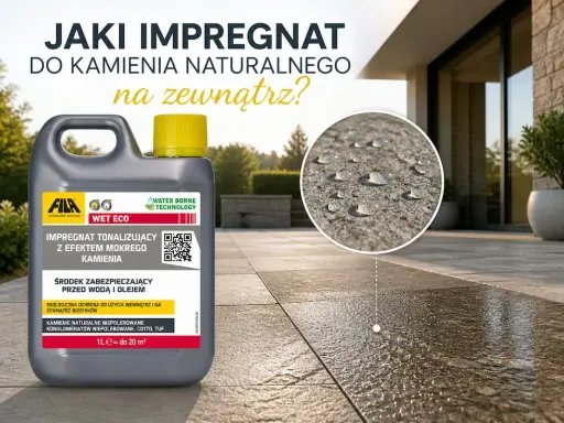 Butelka impregnatu do kamienia naturalnego na zewnątrz. Kropelki wody na kamieniu pokazują efekt hydrofobowy.
