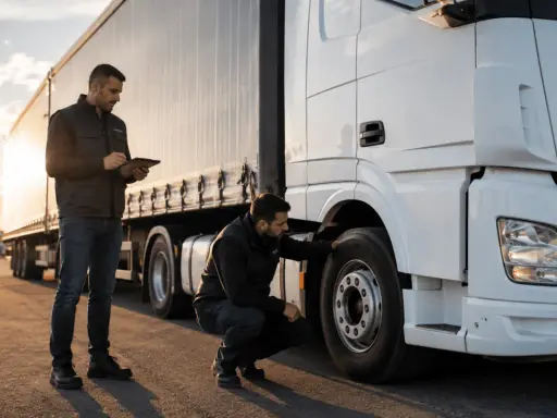 Deux hommes inspectent un camion blanc, l'un vérifiant la roue, l'autre tenant une tablette. Le transport moteur hors bord sur remorque est prêt pour la route.