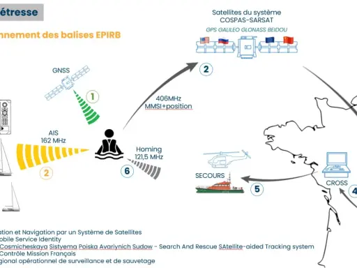 Schéma du fonctionnement d'une balise EPIRB : réception GNSS, transmission 406MHz vers satellites COSPAS-SARSAT, puis secours.