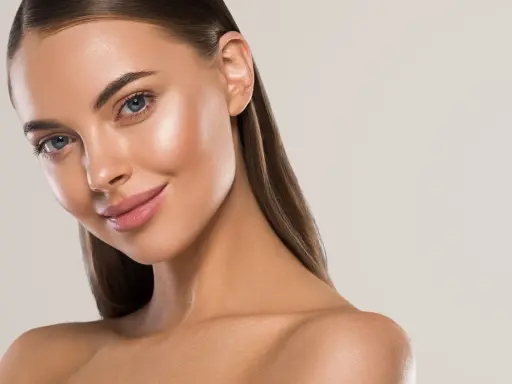 Visage d'une femme au teint hâlé, avec des yeux bleus et des lèvres roses. Elle sourit légèrement, suggérant une peau parfaite pour comment bronzer rapidement.