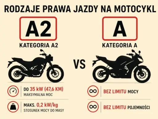 Kategorie A2 i A prawa jazdy na motor 125. A2: do 35 kW, A: bez limitu mocy i pojemności.
